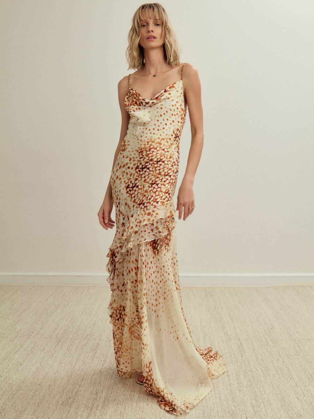 Golden Ruffles Silk Dress